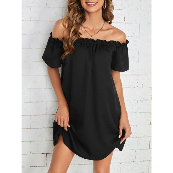 Boho Off the Shoulder Frill Trim mini Dress black - Picture 1 of 5